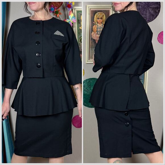 Vintage 1980s Black Jacket and Peplum 2-Piece Skirt Suit Set - Picture 4 of 7